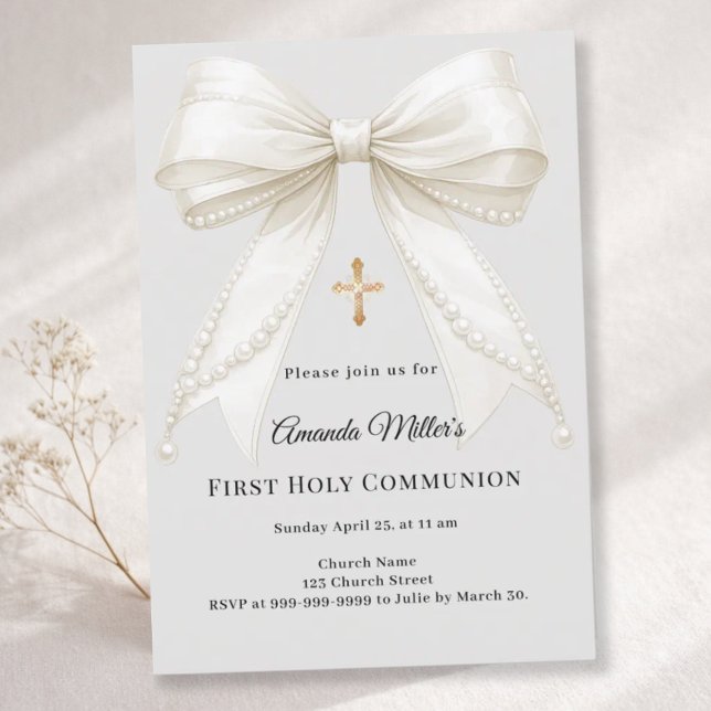 Invitación Primera Comunión lazo perlas marfil niña gris (Subido por el creador)