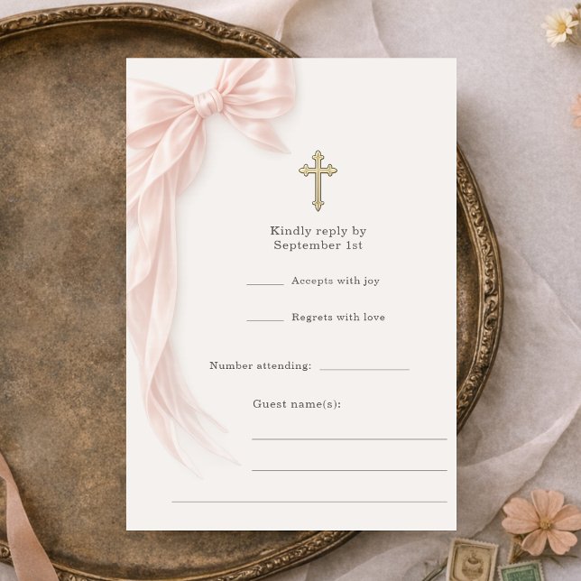 Invitación Primera Comunión lazo rosa chica RSVP (Subido por el creador)
