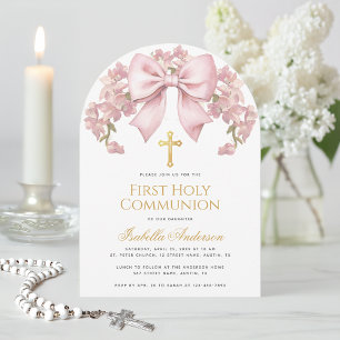 Invitación Primera Comunión Lazo Rosa Floral Elegante Niña