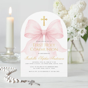 Invitación Primera Comunión Lazo Rosa y Cruz de Oro Falso Niñ