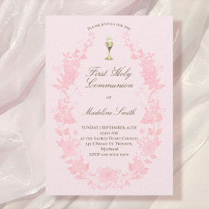 Invitación primera comunión marco floral rosa