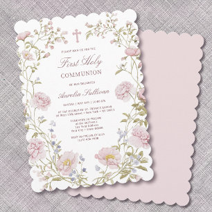 Invitación Primera Comunión Marco Floral Rosado