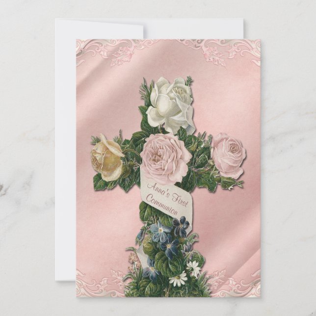 Invitación Primera comunión marfil y rosa coral (Anverso)