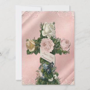 Invitación Primera comunión marfil y rosa coral