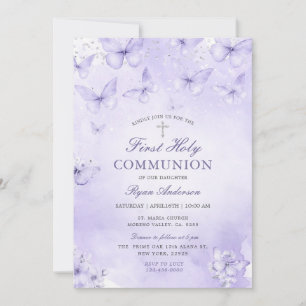 Invitación Primera Comunión Mariposa Plateada Púrpura 