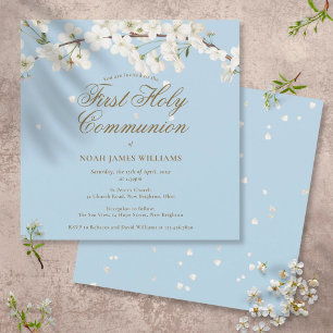 Invitación Primera Comunión Moderna Azul Flor Blanca