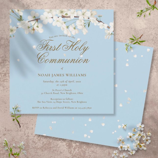 Invitación Primera Comunión Moderna Azul Flor Blanca (Subido por el creador)