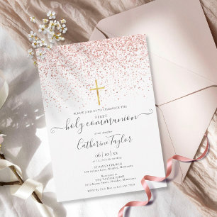 Invitación Primera Comunión Moderna con Brillo de Oro Rosa