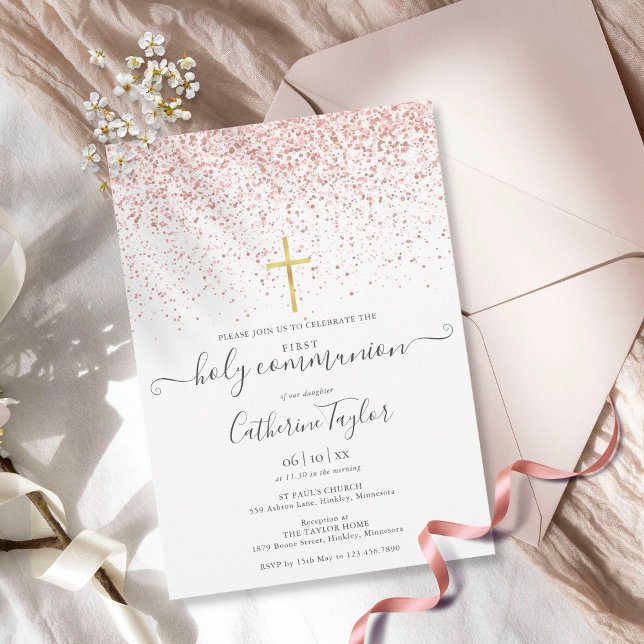Invitación Primera Comunión Moderna con Brillo de Oro Rosa (Subido por el creador)