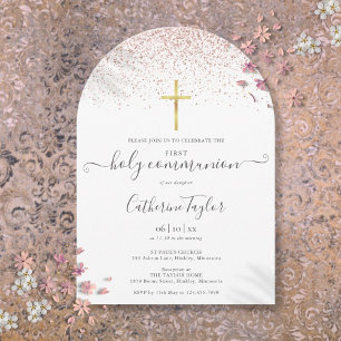 Invitación Primera Comunión Moderna con Purpurina de Oro Rosa