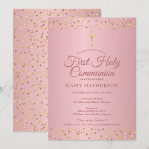 Invitación Primera Comunión Moderna Corazones de Oro Rosa