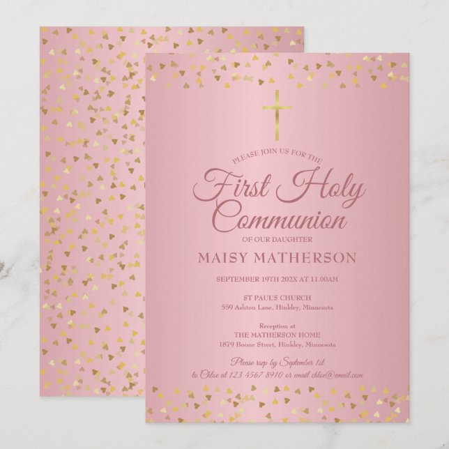 Invitación Primera Comunión Moderna Corazones de Oro Rosa (Anverso / Reverso)