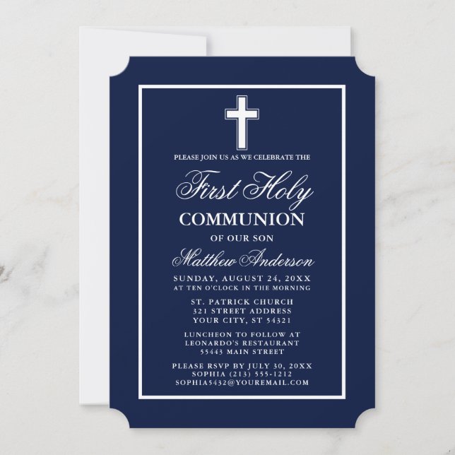 Invitación Primera Comunión Moderna Elegante Azul Marino (Anverso)
