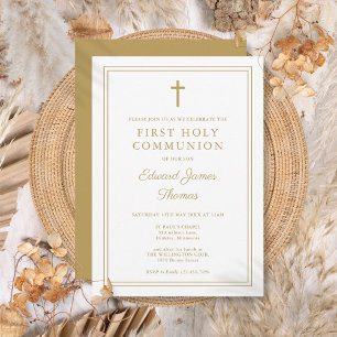 Invitación Primera Comunión Moderna Elegante con Borde de Oro