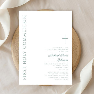 Invitación Primera Comunión Moderna Elegante Cruz Verde