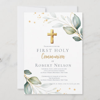 Invitación Primera Comunión Moderna Elegante Eucalipto Dorado