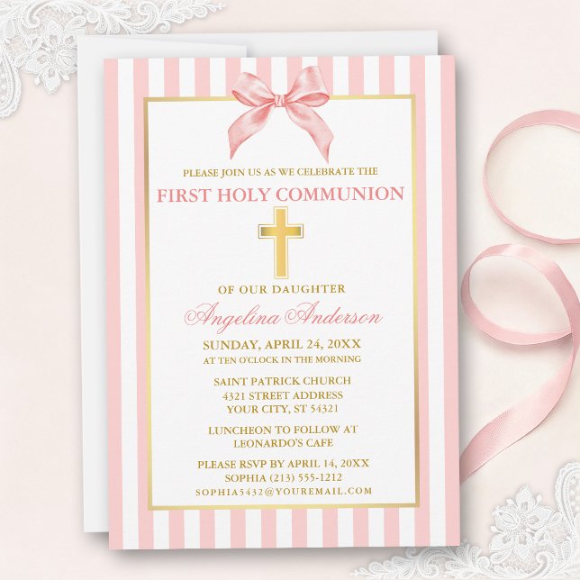 Invitación Primera Comunión Moderna Elegante Rosa Striped (Customize to change text color, text size or style.)