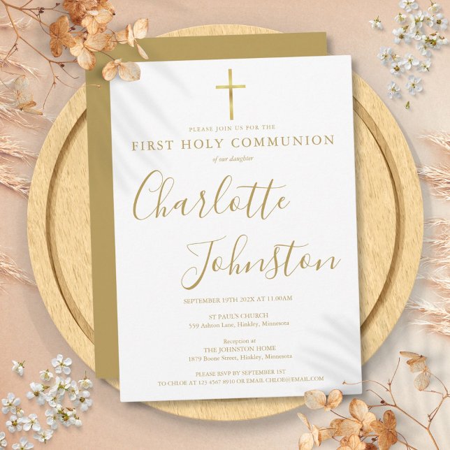 Invitación Primera Comunión Moderna Golden Signature (Modern Golden Signature First Holy Communion Invitation)