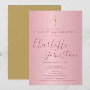 Invitación Primera Comunión Moderna Letra Rosa Dorada