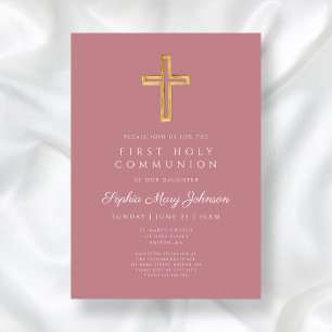 Invitación Primera Comunión Moderna Niña Religiosa Rosa Polvo