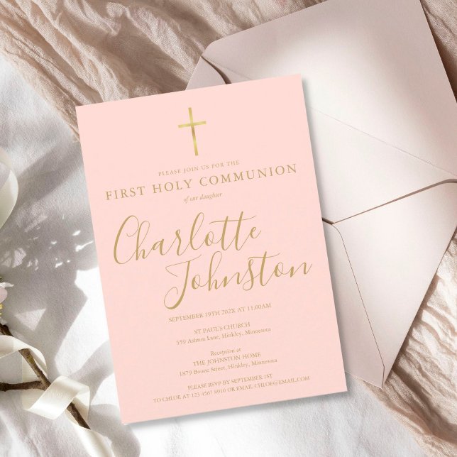 Invitación Primera Comunión Moderna Rosa Beige Dorado (Subido por el creador)