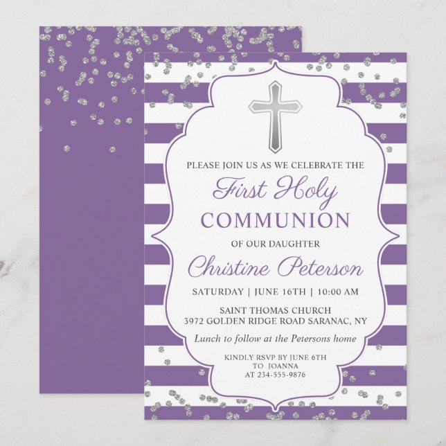Invitación Primera comunión morada de Lavender Purpurina plat (Anverso / Reverso)