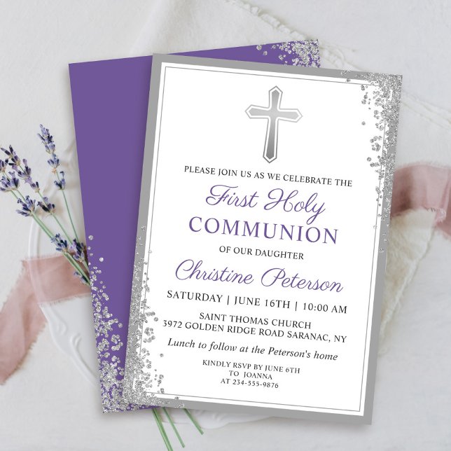 Invitación Primera comunión morada de Lavender Purpurina plat (Subido por el creador)