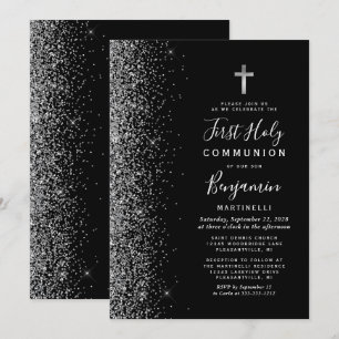 Invitación Primera Comunión Negra con Borde de Purpurina Plat