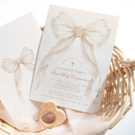 Invitación Primera Comunión Neutro Lazo Perlas Oro