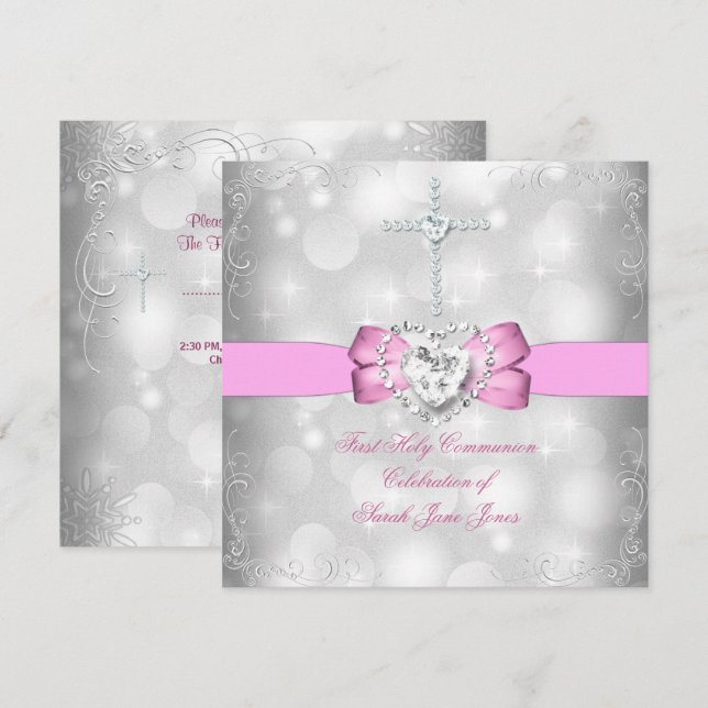 Invitación Primera Comunión Niña Blanco Rosa (Anverso / Reverso)
