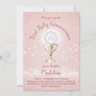 Invitación Primera Comunión niña católica rosa