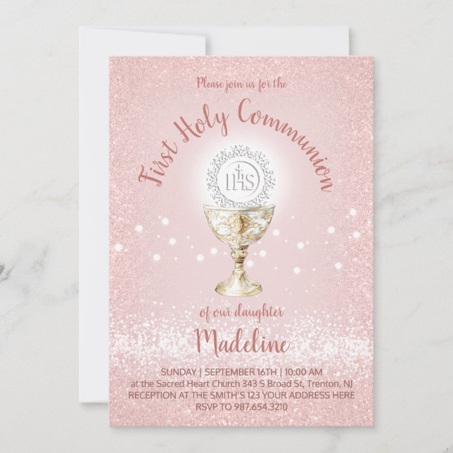 Invitación Primera Comunión niña católica rosa (Anverso)