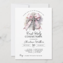 Invitación Primera Comunión Niña con Lazo Rosa