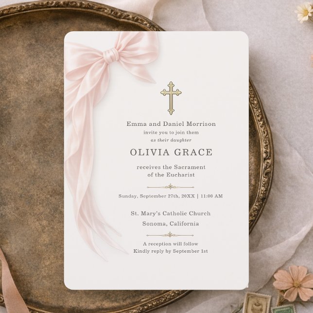 Invitación Primera Comunión niña con lazo rosa (Subido por el creador)