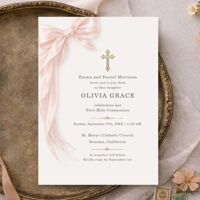 Invitación Primera Comunión Niña con Lazo Rosa (Subido por el creador)