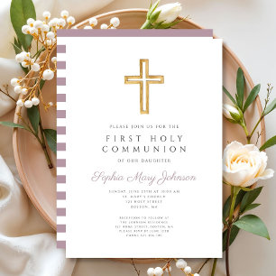 Invitación Primera Comunión Niña Cruce Rayas Moradas Modernas