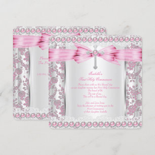 Invitación Primera Comunión niña Cruz Damasco Rosa Plata
