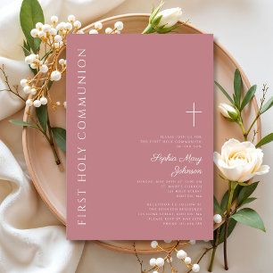 Invitación Primera Comunión Niña Cruz Rosa Moderna