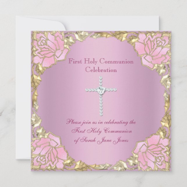 Invitación Primera Comunión Niña Cruz Rosa Oro Plata 2 (Anverso)