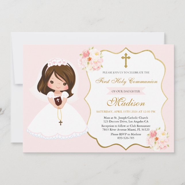 Invitación Primera Comunión Niña Elegante Linda (Anverso)