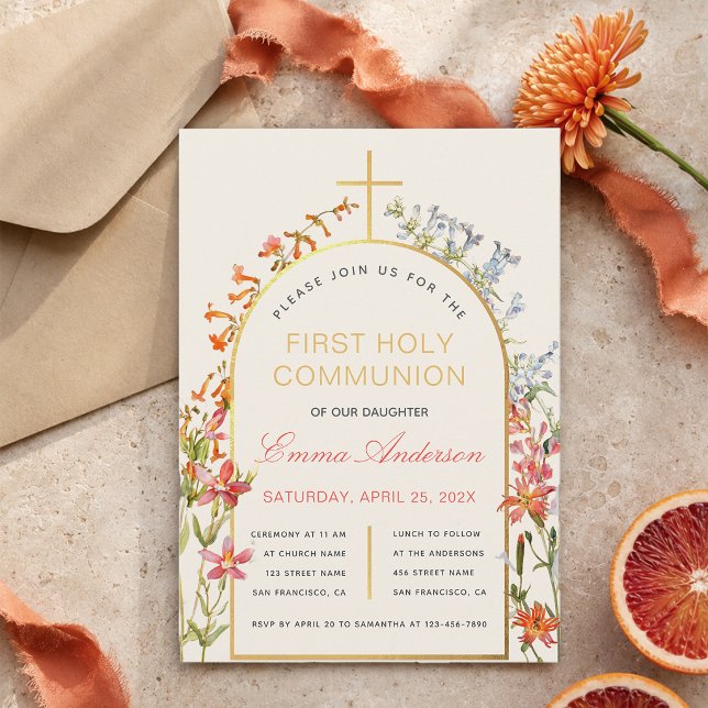 Invitación Primera Comunión Niña Flores Silvestres Arco Dorad (Subido por el creador)
