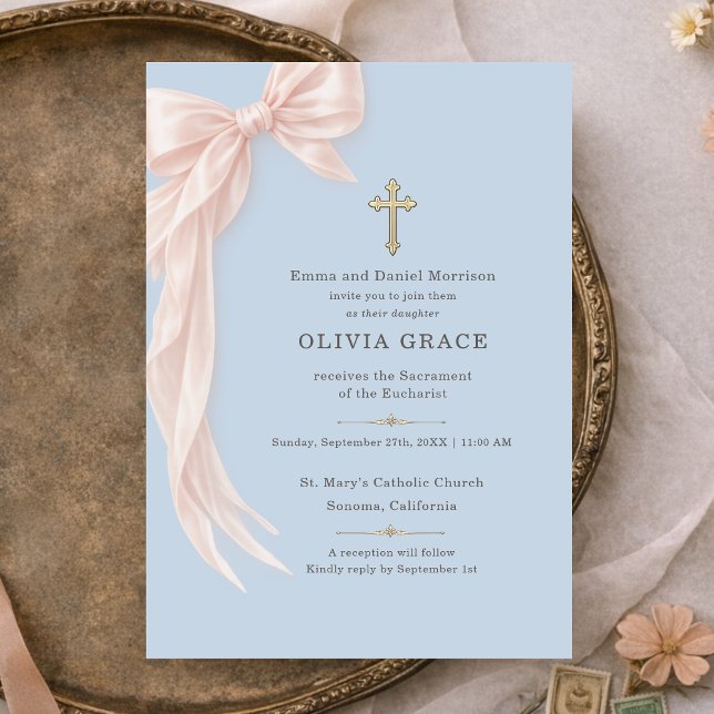 Invitación Primera Comunión niña lazo azul bebé  (Subido por el creador)