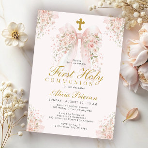 Invitación Primera Comunión niña lazo floral rosa pálido