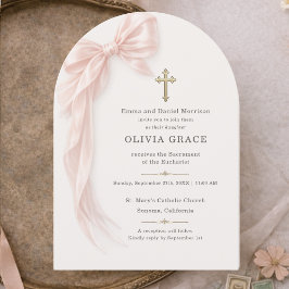 Invitación Primera Comunión niña lazo rosa