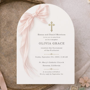 Invitación Primera Comunión niña lazo rosa