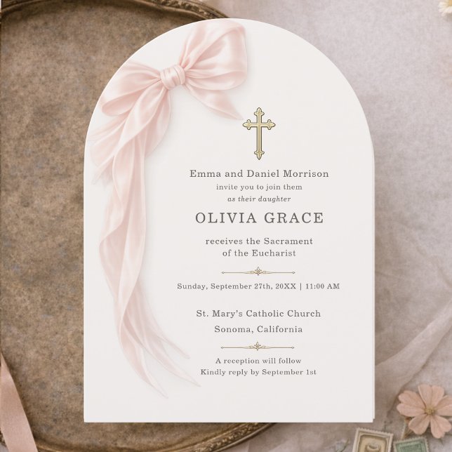 Invitación Primera Comunión niña lazo rosa (Subido por el creador)