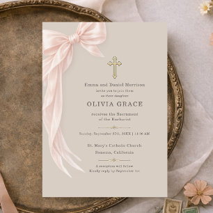 Invitación Primera Comunión niña lazo taupe
