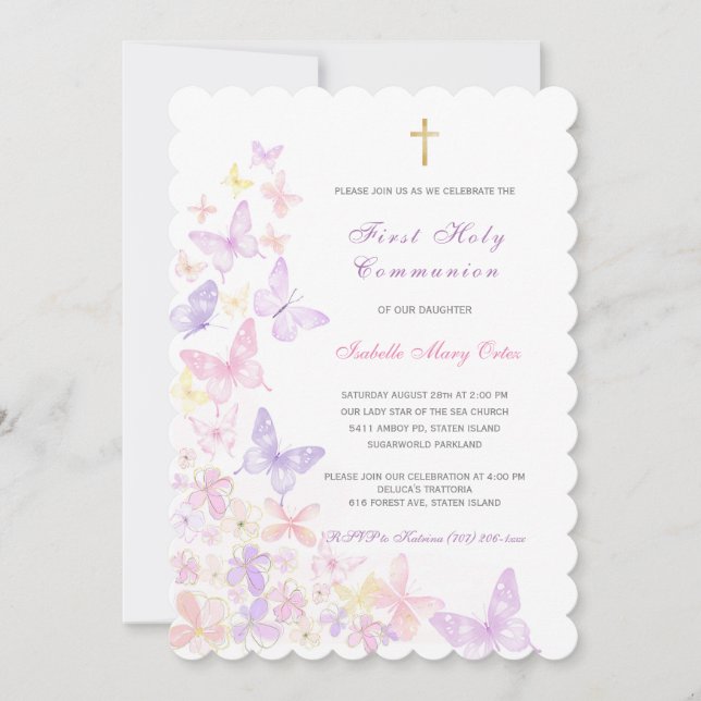 Invitación Primera Comunión Niña Mariposa Rosa (Anverso)