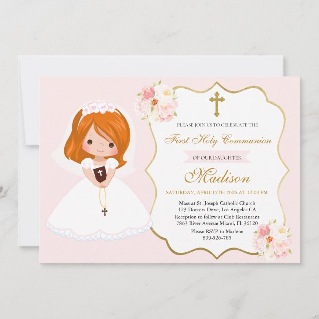 Invitación Primera Comunión Niña Pelirroja (Anverso)