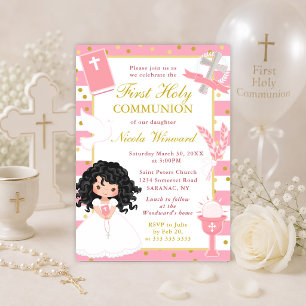 Invitación Primera Comunión niña pelo negro rayas rosadas